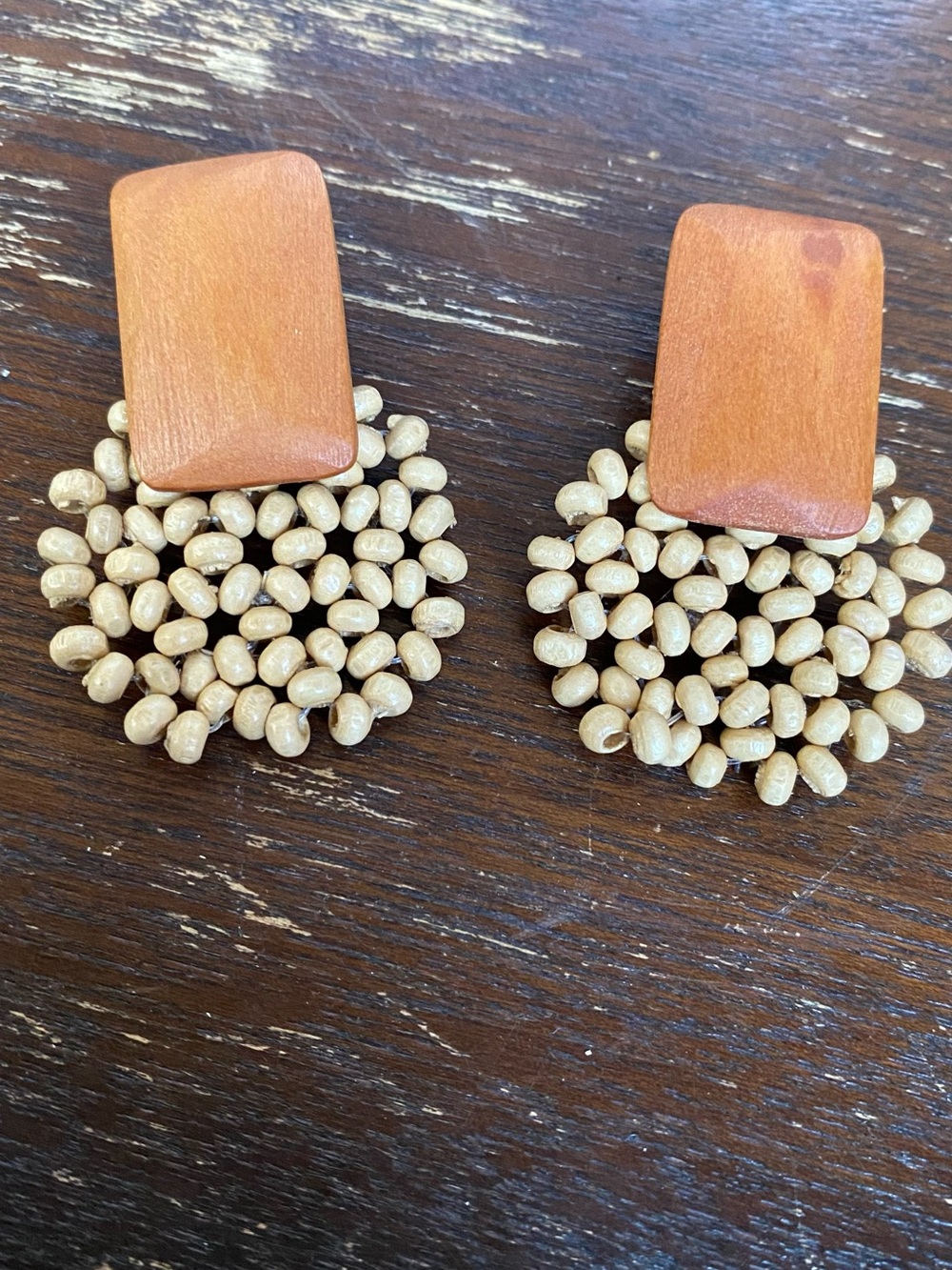 Handcrafted Beige and Tan Beaded Wood Drop Earrings